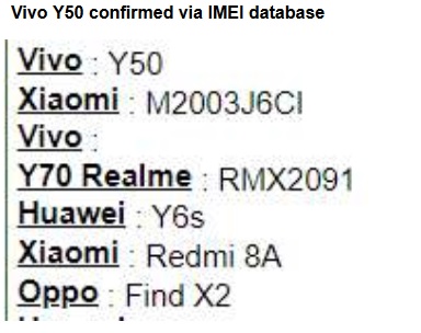 Vivo Y50 on IMEI databse image